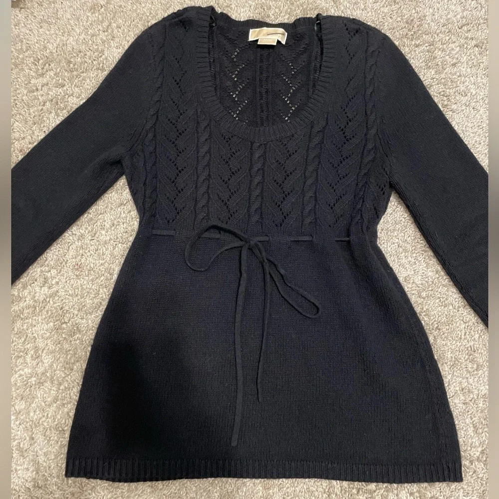 Michael Kors Women’s Sweater Medium Black Cotton Angora Pointelle Cable Knit